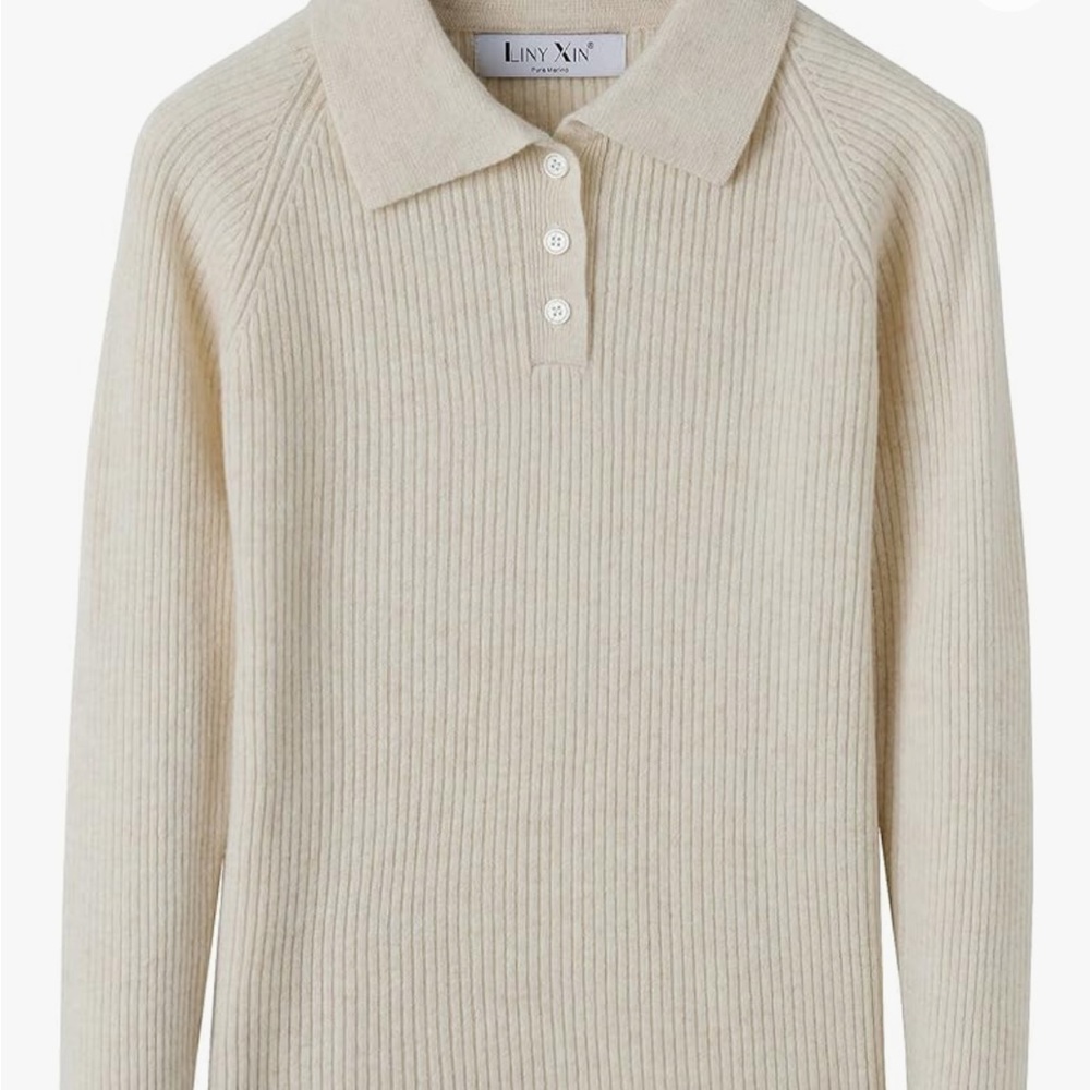 Merino Wool Beige Polo Neck Sweater